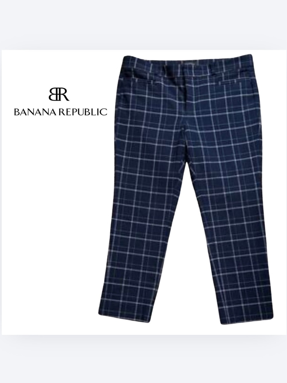 Banana Republic Navy and White Windowpane Plaid Trousers